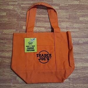 Trader Joe's Fall Season Canvas Mini Tote Bags Orange Pumpkin w Black Embroidery